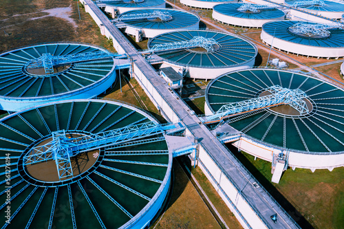 Aerial View of Drinking-Water Treatment. Microbiology of drinking water production and distribution, water treatment plant. Recirculation solid contact clarifier sedimentation tank 