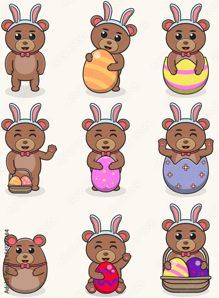 Fototapeta premium Happy Easter. Cute Bear on the Easter theme in cartoon. Vector illustration. Isolated on white background. Easter holiday vector set.