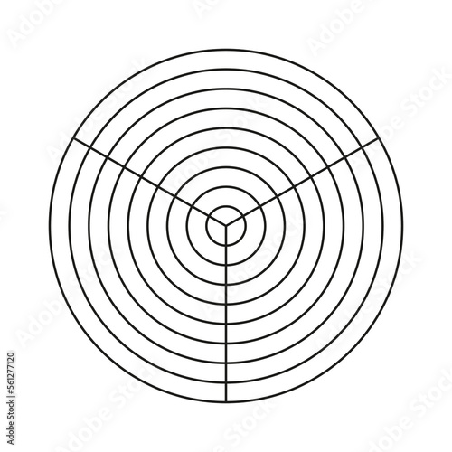 Wheel of life template. Simple coaching tool for visualizing all areas of life. Polar grid of 3 segments and 8 concentric circles. Blank polar graph paper. Circle diagram of life style balance.
