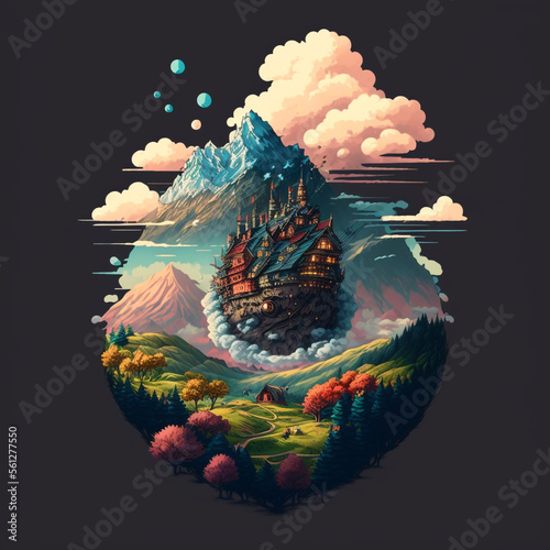 Anime fantasy cartoon landscape with walking castle or house