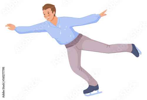 Man doing ice skating figure pose. Winter sport activity