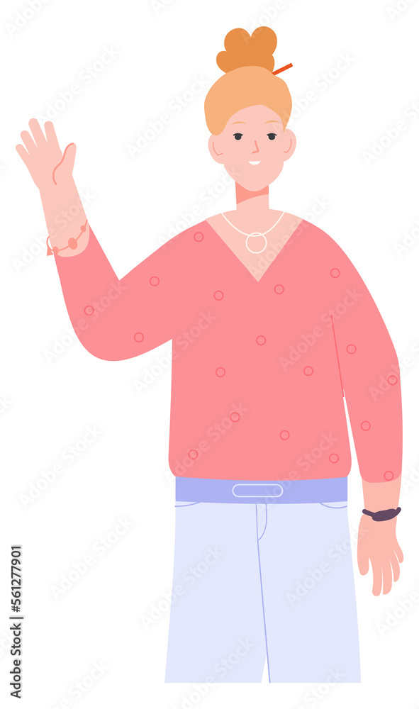 Fototapeta premium Pretty smiling girl waving. Bye hand gesture
