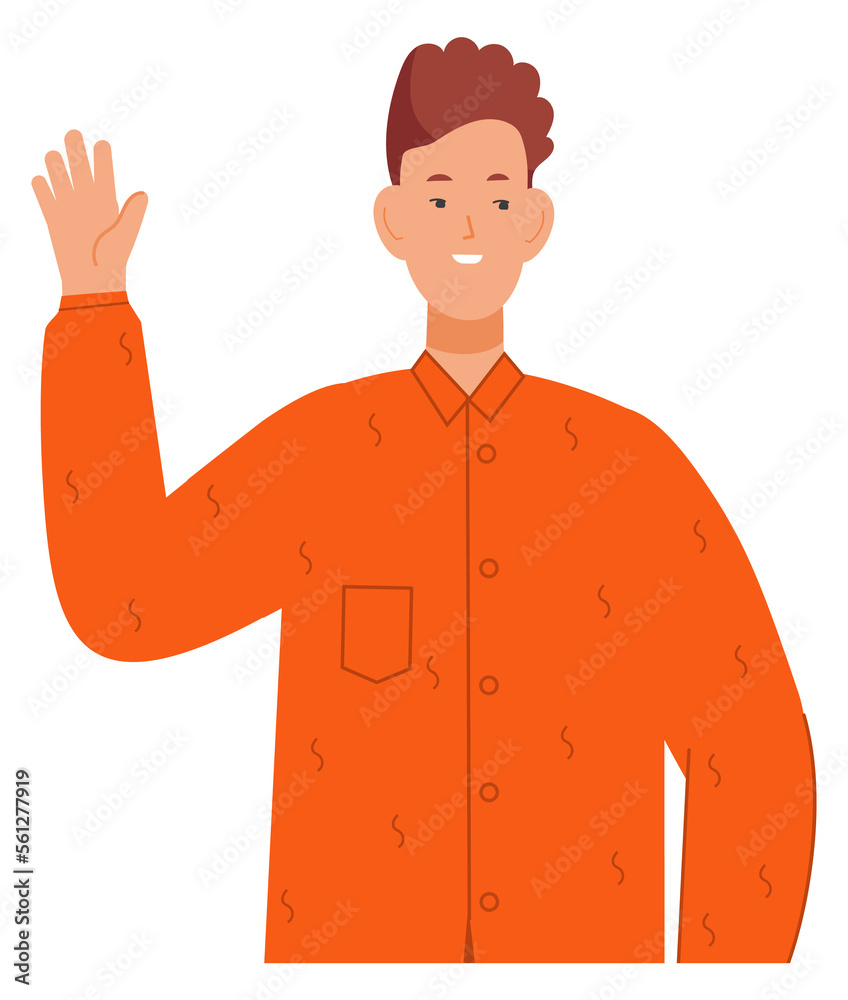 Fototapeta premium Young boy with raised hand. Smiling student waving