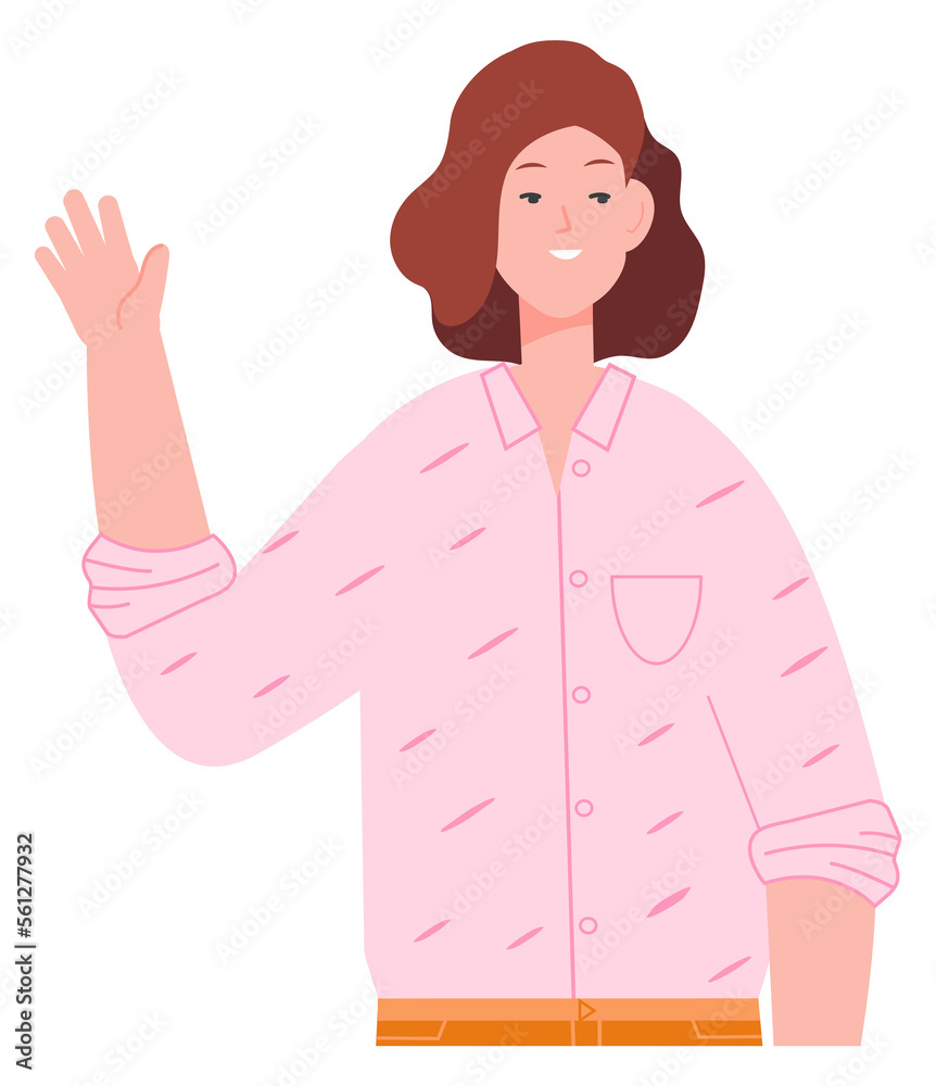 Hello gesture. Young woman waving hand. Happy student Hello gesture. Young woman waving hand. Happy student
