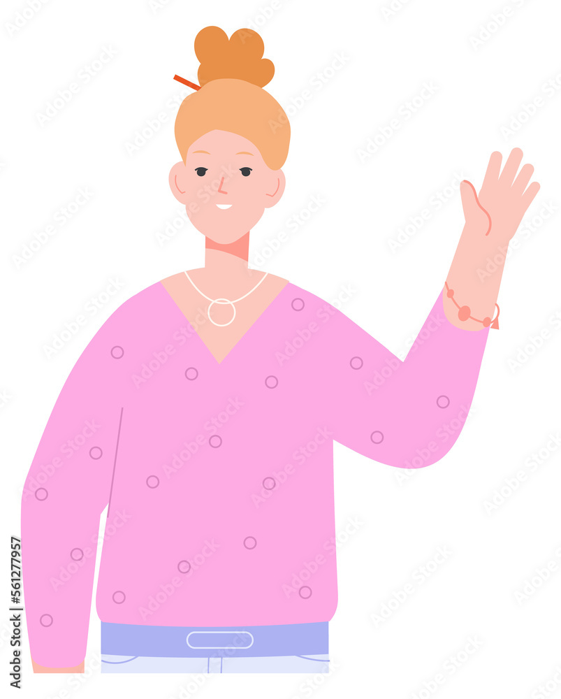 Fototapeta premium Hi gesture. Young woman waving. Female student