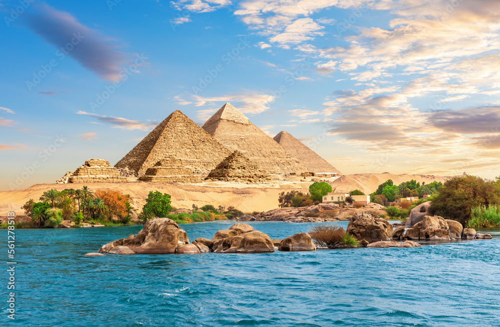 African stones near Aswan in the Nile on the way to the pyramids, Egypt
