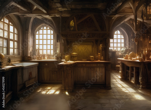 atmospheric painting of an old tudor period hall kitchen with plates and jars stacked on shelves and a wooden tables in morning sunlight. generative ai art