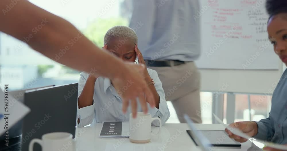 Stress, headache and professional black woman in a meeting with her team in the conference room. Migraine, burnout and stressed African business manager working with her colleagues in the office. Stress, headache and professional black woman in a meeting with her team in the conference room. Migraine, burnout and stressed African business manager working with her colleagues in the office.