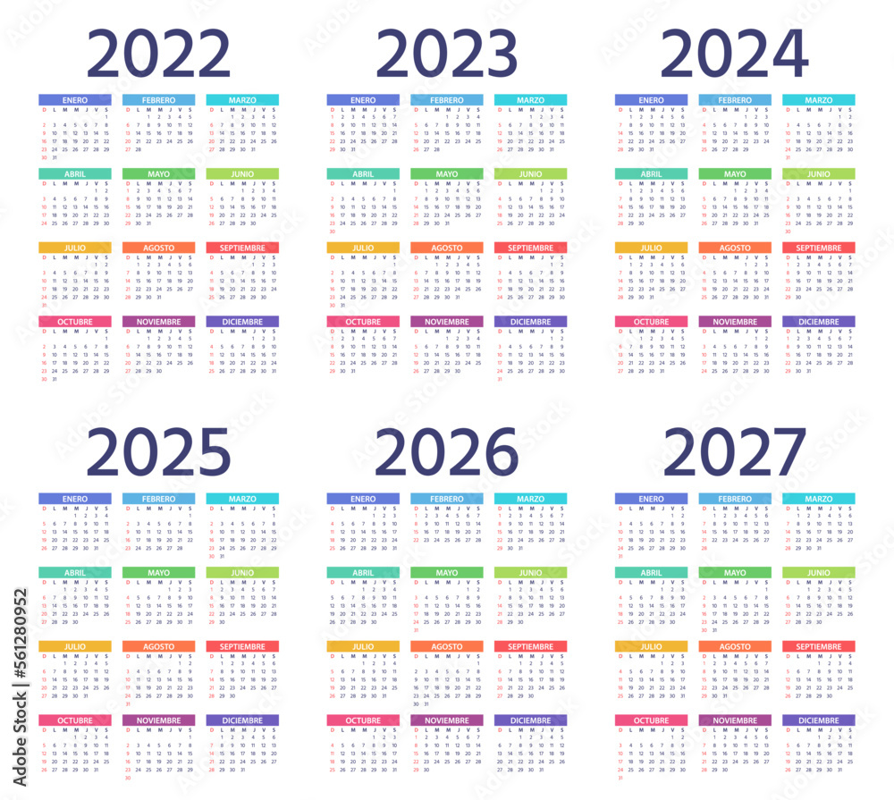 Vektorová grafika „Calendario Años 2022, 2023, 2024, 2025, 2026, 2027 ...