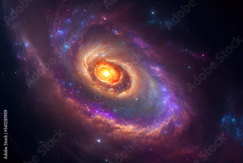 abstract space landscape with planets and flashes of stars and comets in blue and red colors