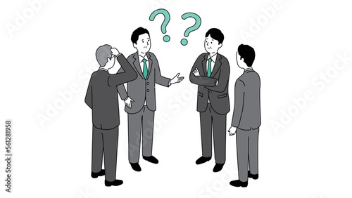悩むビジネスチーム、話し合う4人のビジネスマン、ベクター