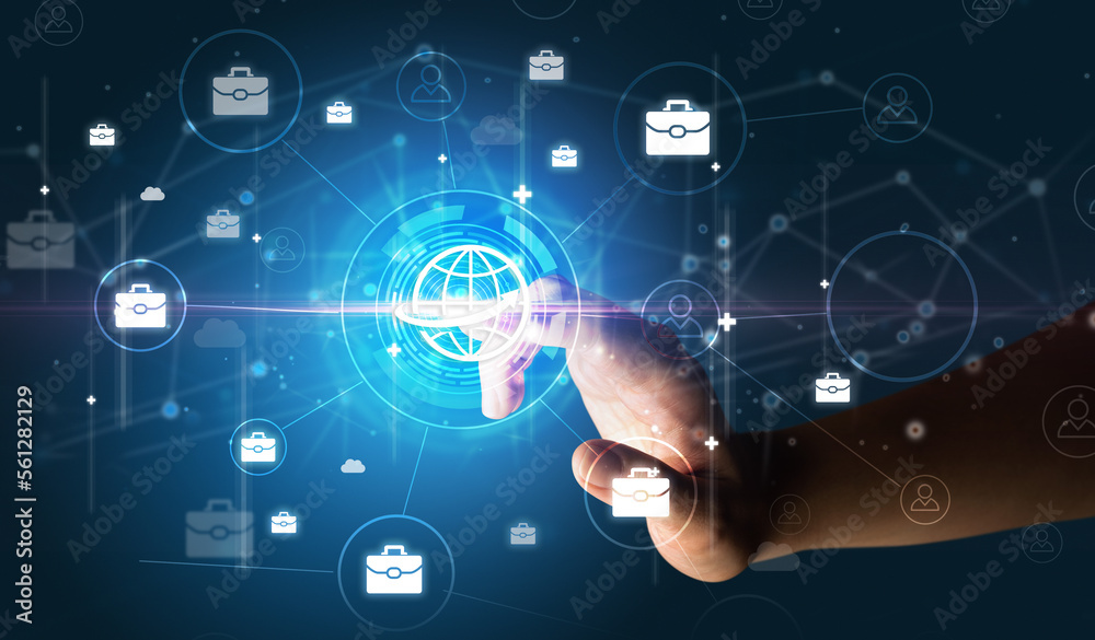 Businessman hand pressing stock graphic information on multitouch screen