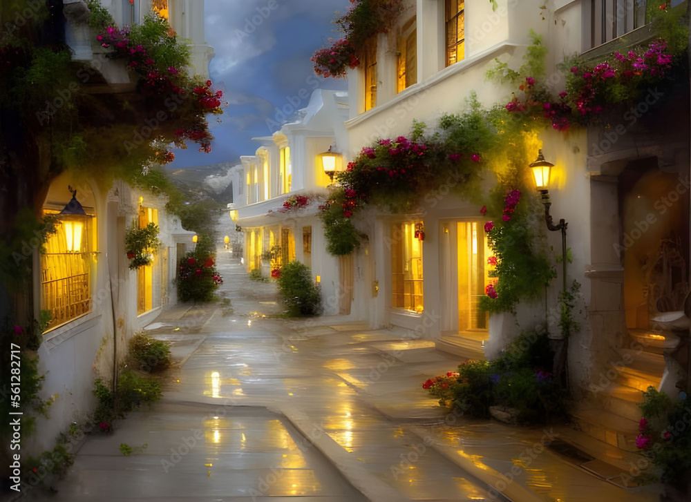 Painting of a beautiful old street with white painted houses in a typical old-fashioned town on a greek island at twilight with glowing lamps and stone steps. generative ai illustration.