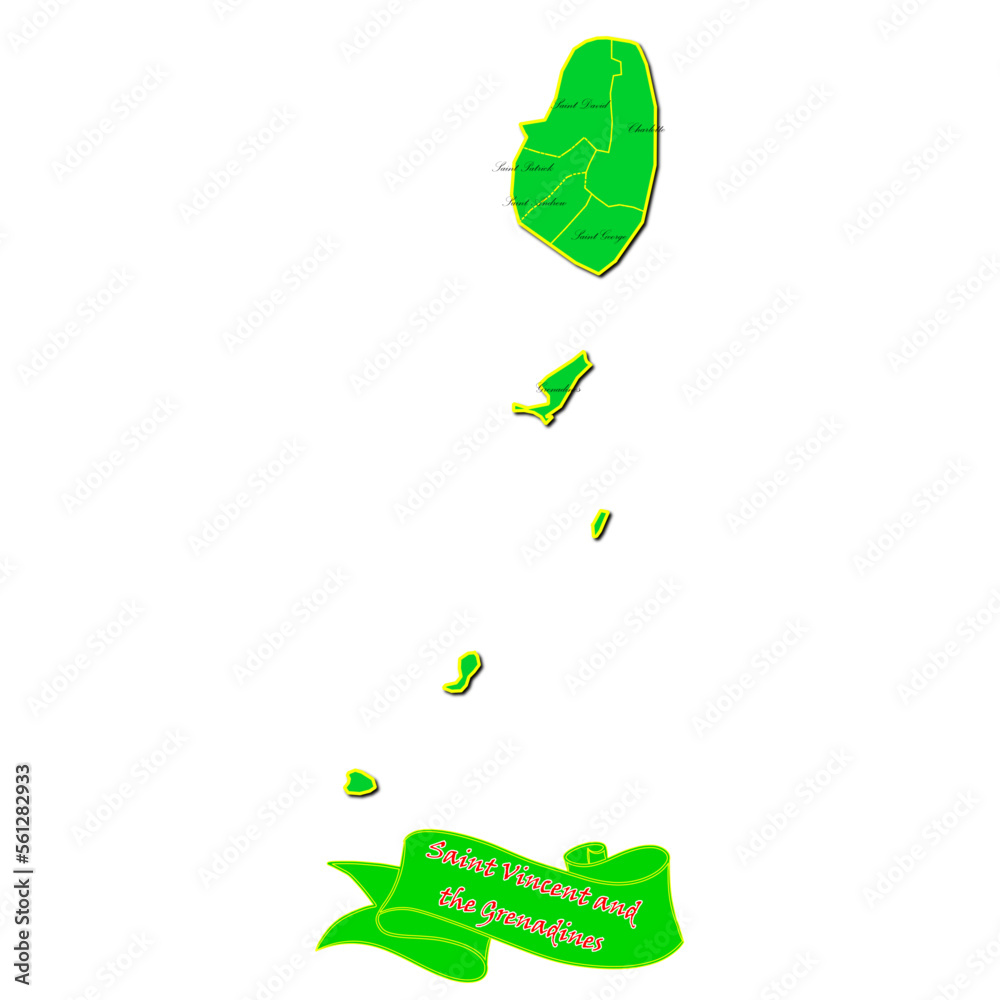 Vector map of Saint Vincent and the Grenadines with subregions in green country name in red Vector map of Saint Vincent and the Grenadines with subregions in green country name in red