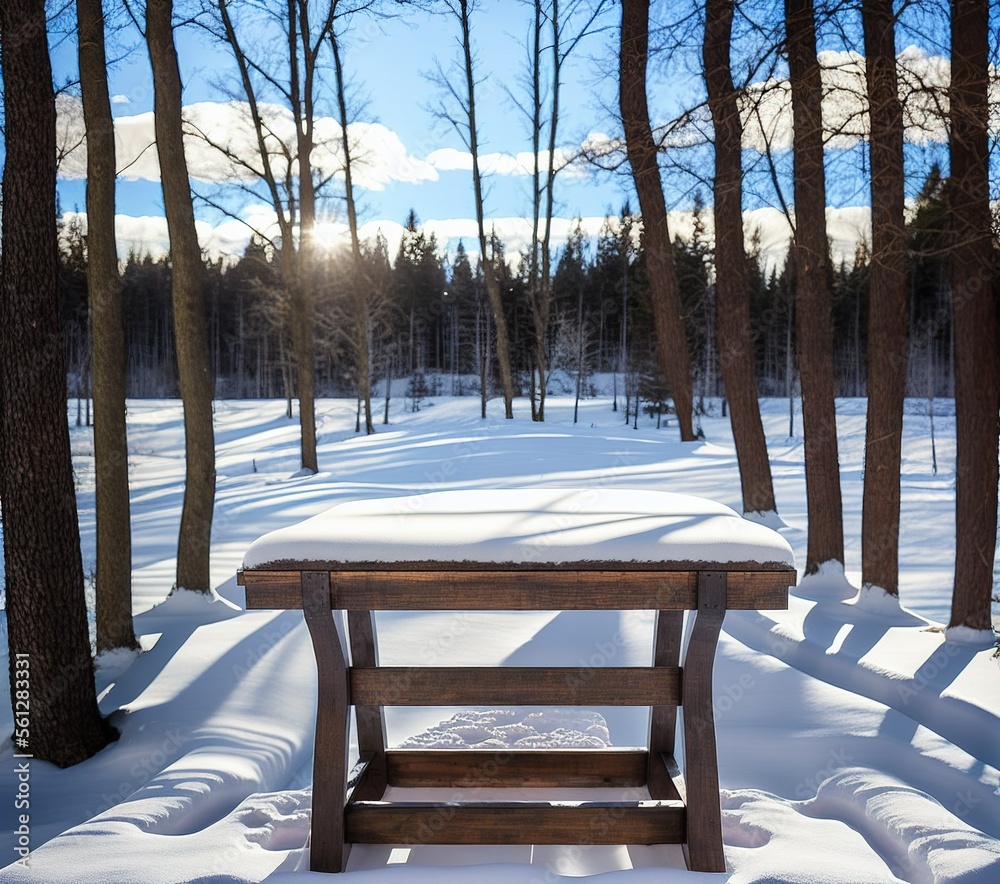 wooden table beautiful winter landscape with snow covered trees