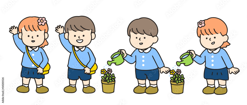 Little kid greeting and watering plant. Cute cartoon characters, Back to school concept Little kid greeting and watering plant. Cute cartoon characters, Back to school concept