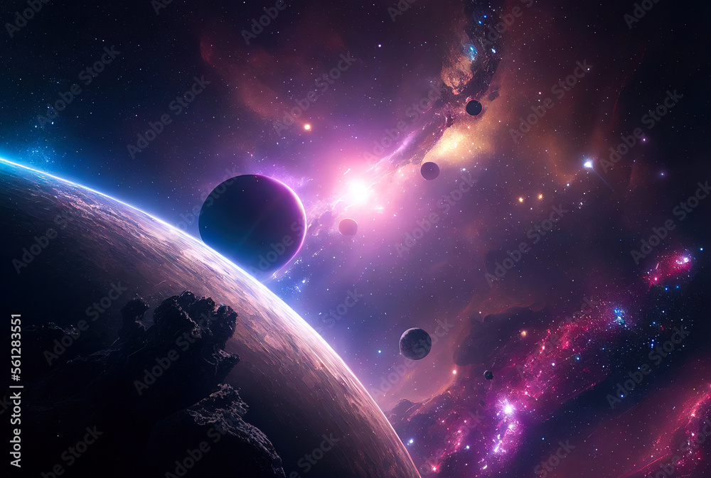 abstract space landscape with planets and flashes of stars and comets in blue and red colors