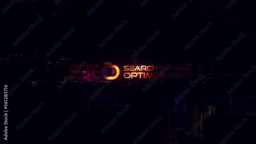 3D animation of SEO Search Engine Optimization glow glitch text digital effect cinematic title background. Ending cover for intro, title banner. colorful retro gaming console style. 3D animation of SEO Search Engine Optimization glow glitch text digital effect cinematic title background. Ending cover for intro, title banner. colorful retro gaming console style.