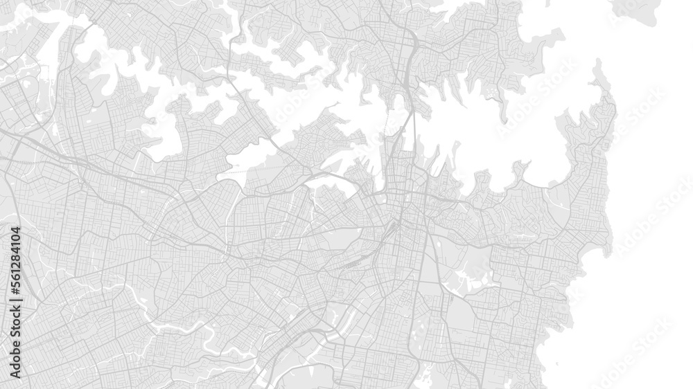 Fototapeta premium White and light grey Sydney city area vector background map, roads and water illustration. Widescreen proportion, digital flat design.