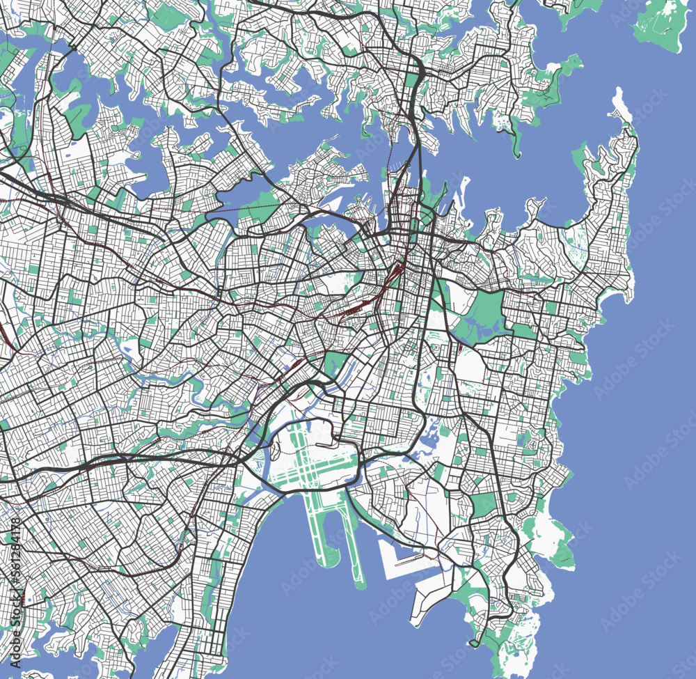 Fototapeta premium Sydney map. Detailed map of Sydney city administrative area. Cityscape panorama illustration. Road map with highways, streets, rivers.