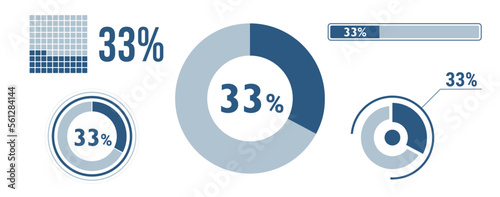 33% percentage infographic set. Thirty-three circle diagram, pie donut chart, progress bar. 33 percent loading data icon. Vector concept collection.