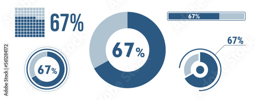 67% percentage infographic set. Sixty-seven circle diagram, pie donut chart, progress bar. 67 percent loading data icon. Vector concept collection.