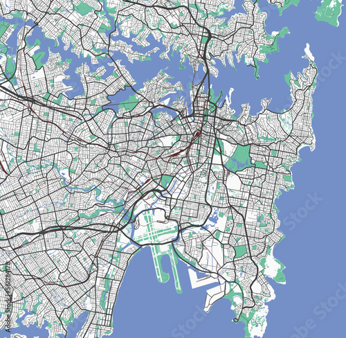 Sydney map. Detailed map of Sydney city administrative area. Cityscape panorama illustration. Road map with highways, streets, rivers.