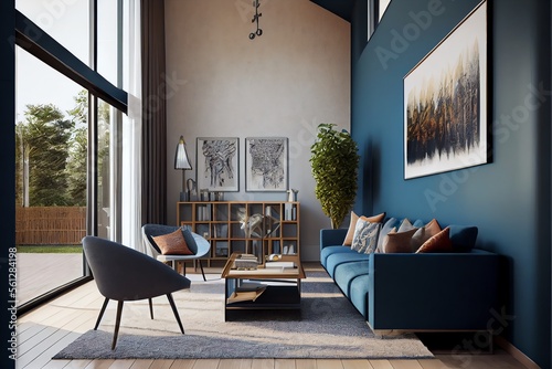 Makieta wnętrza domu z niebieską sofą, marmurowym stołem i dekoracją ścienną w kolorze tiffany blue w salonie