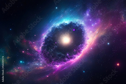 illustration on the theme of life in space with super bright colors and planets and stars