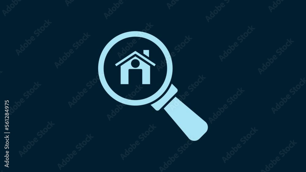 White Search house icon isolated on blue background. Real estate symbol of a house under magnifying glass. 4K Video motion graphic animation White Search house icon isolated on blue background. Real estate symbol of a house under magnifying glass. 4K Video motion graphic animation