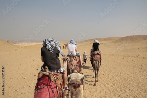 A group of people riding camels through the desert in Egypt 2010