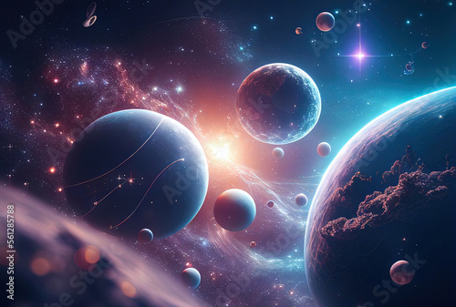 abstract illustration of the cosmos on the theme of the origin of life in the universe with stars, comets and nebulae