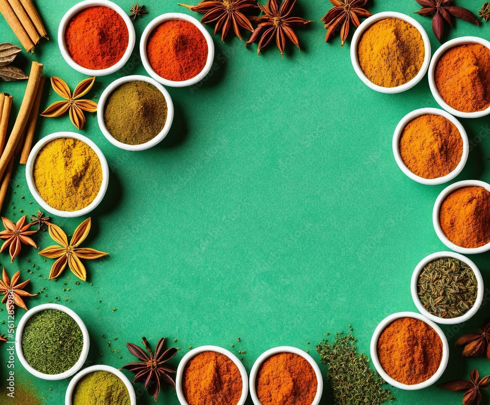 various spices and herbs on a black background. top view.