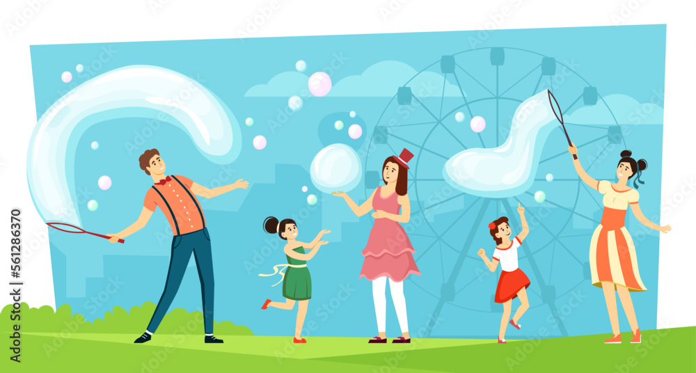 soap bubbles show. attraction for kids big soap bubbles. Vector cartoon background