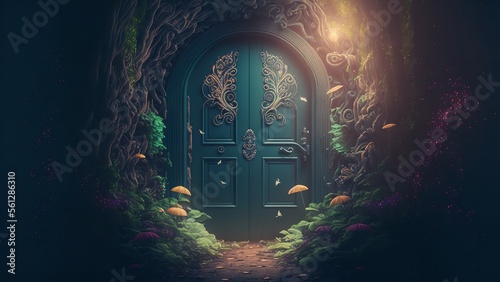 Leinwand Poster Fantasy enchanted fairy tale forest with magical opening secret doors and stairs leading to mystical shine light outside the gate, mushrooms, and flying fairytale magic butterflies in woods