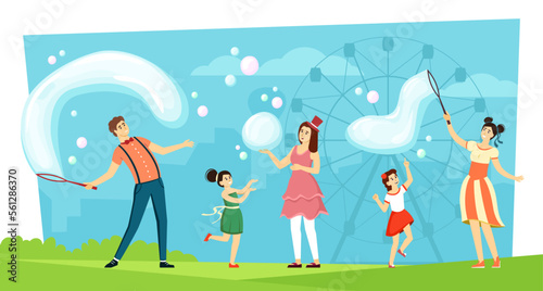 soap bubbles show. attraction for kids big soap bubbles. Vector cartoon background