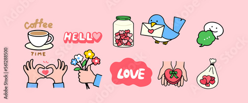 Set of cute vector love stickers for daily planner and diary. Collection of scrapbooking design elements for valentines day.