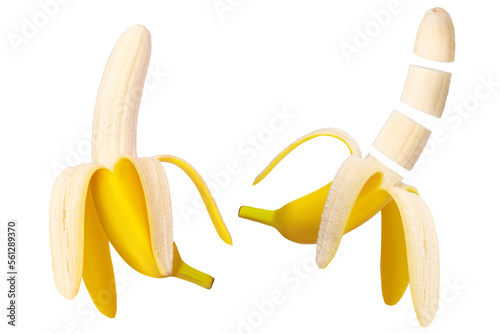 A set of bananas, whole, peeled, chopped. Isolated on white background.