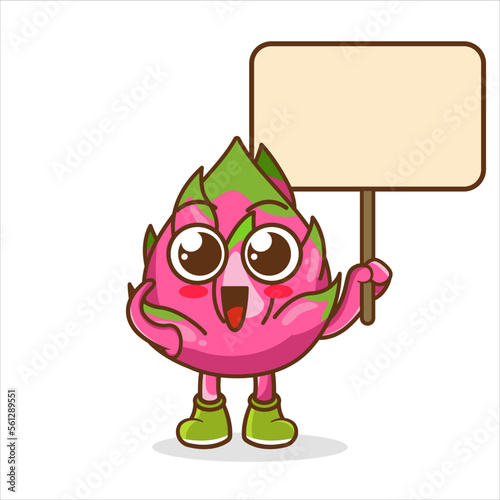 Dragon Fruit cartoon mascot character with cheerless face and holding a board