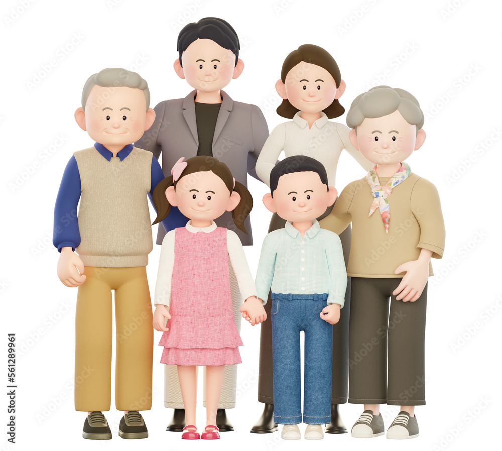 3d Illustration, Grandfather, Grandmother, Dad, Mom, Son, Daughter with a Harmonious Large Family Looking Front 3d Illustration, Grandfather, Grandmother, Dad, Mom, Son, Daughter with a Harmonious Large Family Looking Front