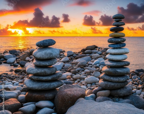 pile of rocks  beautiful sunset over the sea
