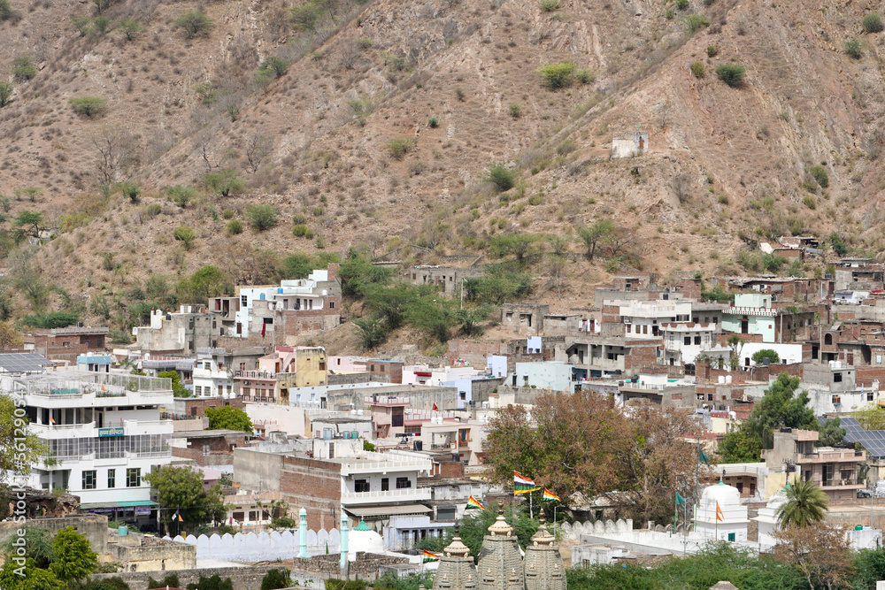 Village houses in the mountain range of Jaipur.