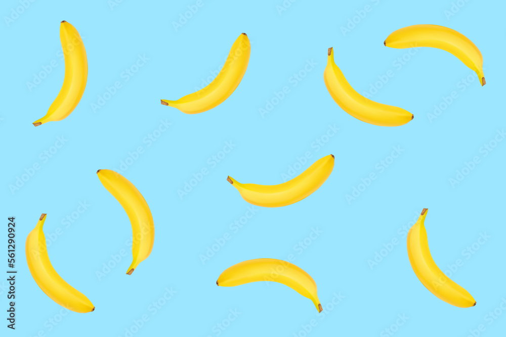 Banana background. Concept. Blue background. Yellow bananas.