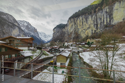 View of Lauterbrunnen valley while ascending with a cog railway