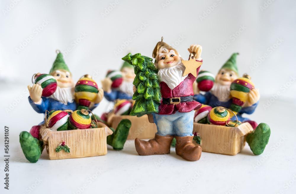 Close-up of jolly dwarves Christmas ornaments