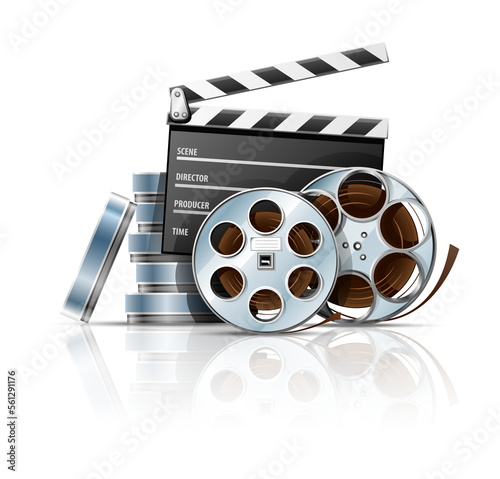 Cinema Clapper and Video Film Tape on Disc Movie disk with directors for cinematography filmmaking. isolated. PNG