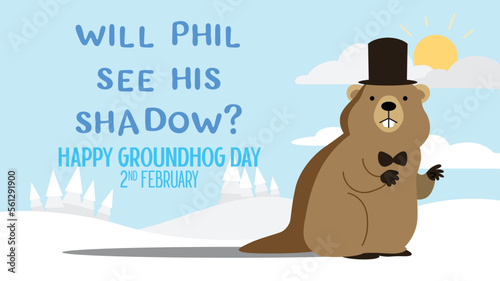 Groundhog Phil wearing a top hat on snowy land with shadow on the ground. Happy groundhog day greeting vector illustration banner or card on 2nd February.