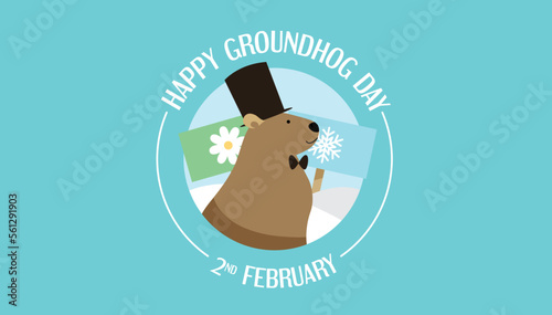 Groundhog profile wearing a top hat greeting banner. February 2 groundhog day predictions.