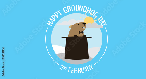 Happy groundhog day greeting banner vector illustration with groundhog Phil popping from a top hat. Sun hidden by clouds. Circle logo design.