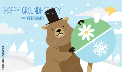 Top hat groundhog choosing between spring and winter on a snowy land. Groundhog day greeting banner vector illustration.